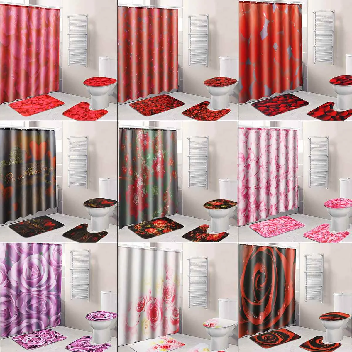 

4pcs Set Shower Curtain 3D Waterproof Shower Curtains Non-Slip Rug + Toilet Lid Cover + Bath Mat + Shower Curtain 12 Hooks Rings