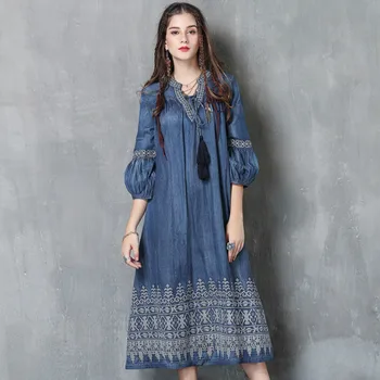 

Hot sell women's wear, 2019 autumn dress, new large denim, retro embroidered sleeve lady's dress.