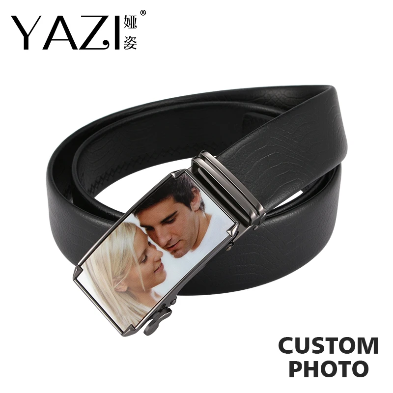 

YAZI Personlize Photo Belt Black Genuine Leather Luxury Men's Girdles Brand Automatic Buckle Cow Leather Adult Belts For Men