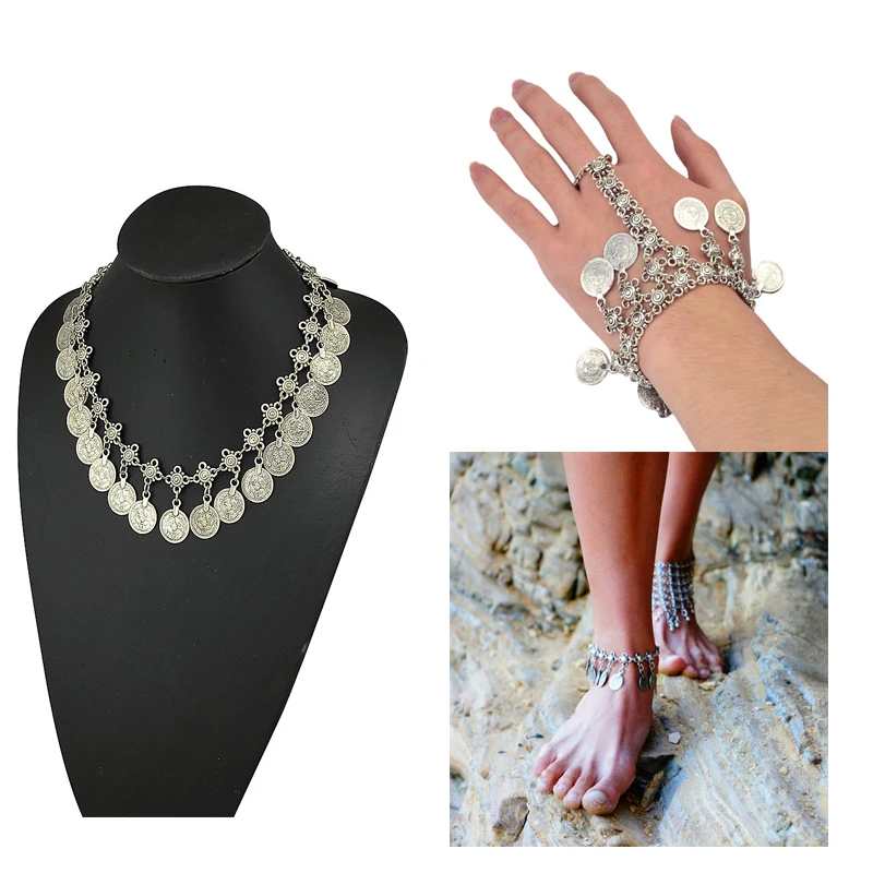 

Turkish Vintage Silver Coin Pendant Necklace Bracelet Anklet Jewelry Sets for Women Boho Tassel Gypsy Statement Africa Jewelry