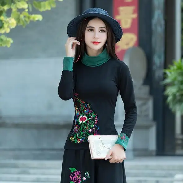 

Plus size women clothing ethnic shirt pullover designer long sleeve turtleneck black green patchwork embroidery t shirt AF580