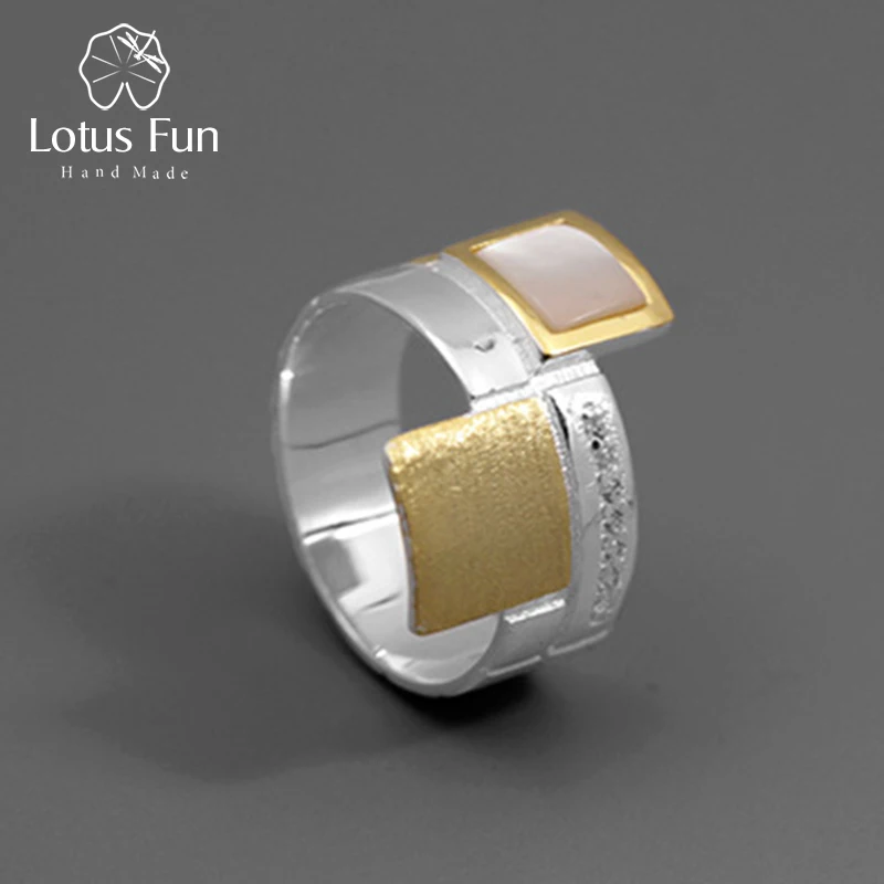 

Lotus Fun Real 925 Sterling Silver Natural Shell Handmade Designer Fine Jewelry Simple Staggered Square Slice Rings for Women