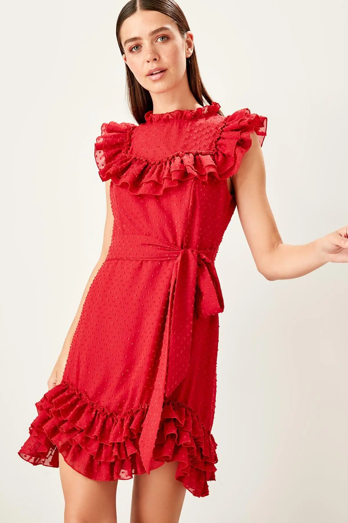 

Trendyol Pomegranate Flower Belted Special Fabric Dress TPRSS19FZ0281