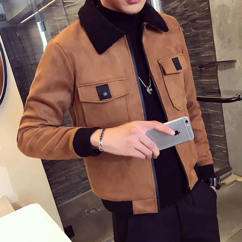 Winter Bomber Homme Men Suede Jacket Erkek Khaki Thick Warm Slim Fit Winter Jacket Deri Ceket Coats Mens Fur Collar