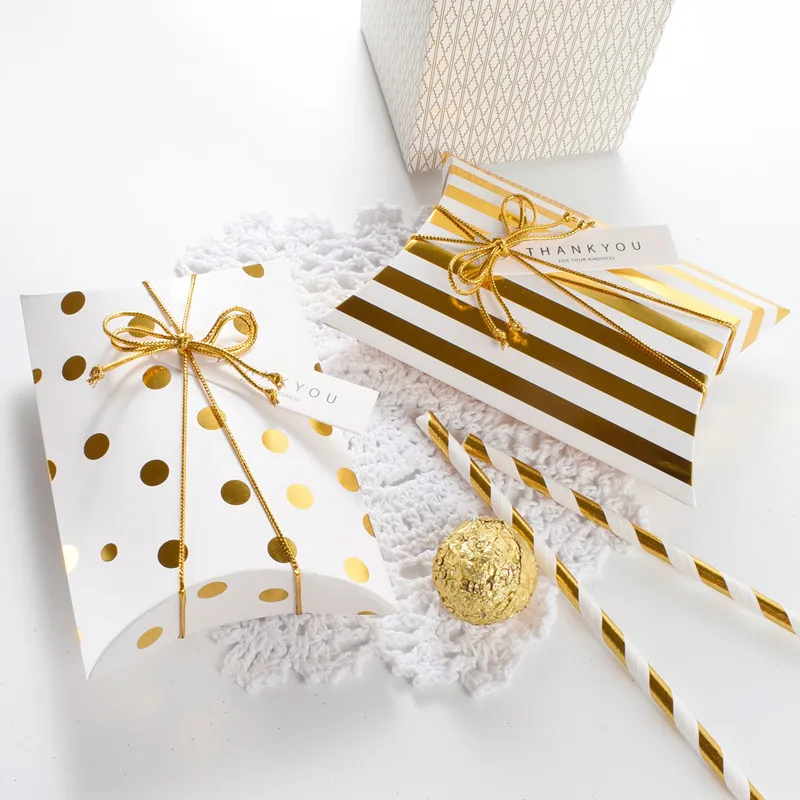 

10pcs Stripe Dot Golden Pillow Candy Gift Box Packaging Paper Wedding Cardboard Dragee Cookie Bags Gift Bags Wrapping Supplies