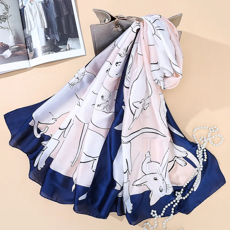 

2018 Spring And Summer New Cute Cat Simulation Silk Lady Korean Version Of The Scarf Foreign Trade Sunscreen Shawl SK043-MY