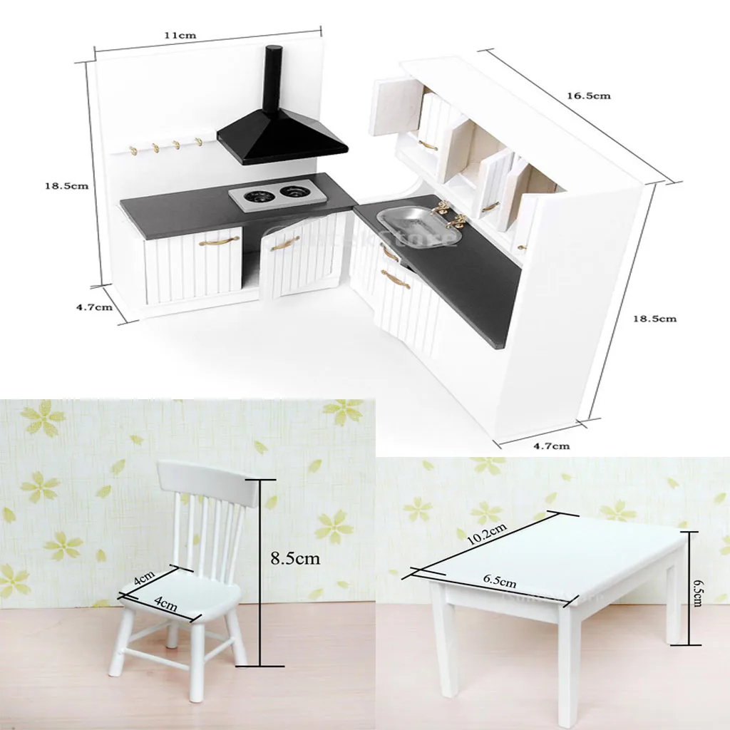 3 Sets 1/12 Dollhouse Miniature Wooden Kitchen Cabinet Table Chair Tea Set Pretend Play Furniture Toys for Children Gift Collect