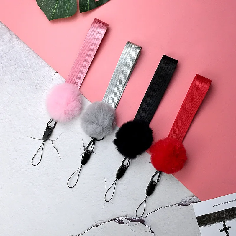 

2 Pcs Mobile Phone Strap Solid Color Wool Ball Lanyard Neck Strap For Keys ID Card For Huawei USB Badge Holder DIY Hang Rope