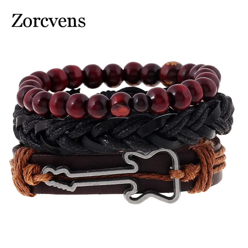ZORCVENS 2019 New Hand Wrap Leather Bracelets Men Charm Guitar Wrist