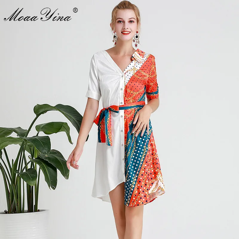 

MoaaYina Fashion Designer Runway dress Spring Summer Women Dress V-neck Short sleeve Stripe Print Asymmetrical Dresses