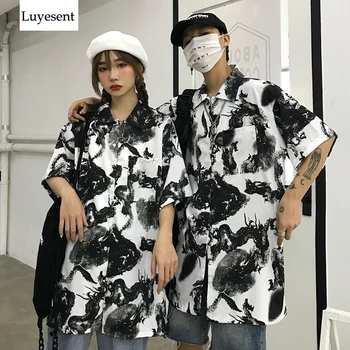 

Chinese Style Women Ink Abstract Dragon Print Blouse Femme Loose Oversize Contrast Color Pockets Hip Hop Shirt 2020 BF Men Blusa