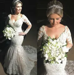 Bonjean сексуальный v-образный вырез Русалка Свадебные платья 2019 Роскошные Vestido de Noiva с длинным рукавом Кружева жемчуг Винтаж подвенечные