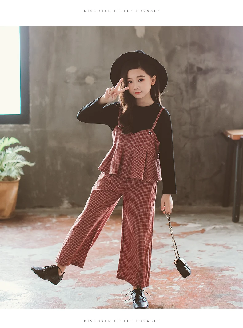 

Spring 2018 New Fashion Black Striped Print T-shirts + Overalls Pants Girls Clothes Children Sets 2pcs Suit 7 8 9 10 11 12 13 14