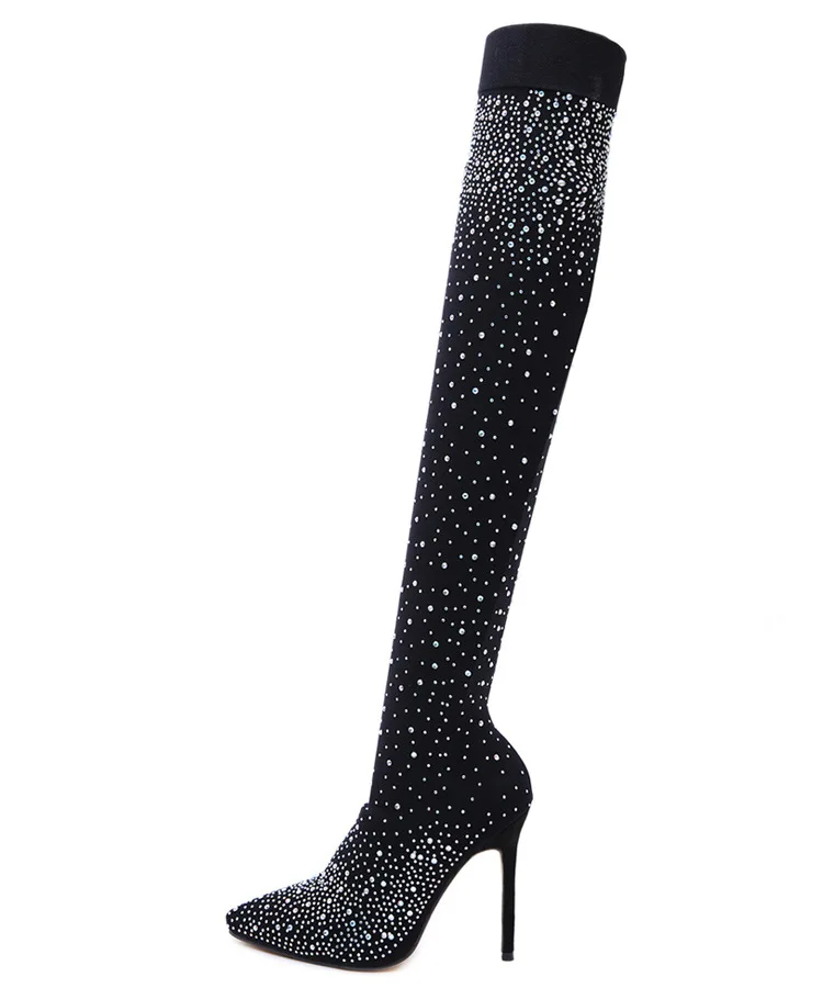 New Winter Knee Boots Sexy Fashion Warm Shiny Rhinestone Stretch Knee High Heel Women's Boots Winter Shoes ZL-139-21