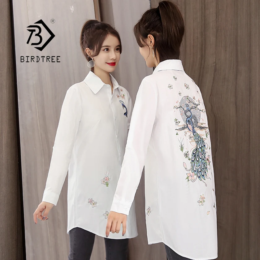  New Arrival Women Peacock Peach Flower Embroidery Long Cotton White Blouse Full Sleeve Female Shirt