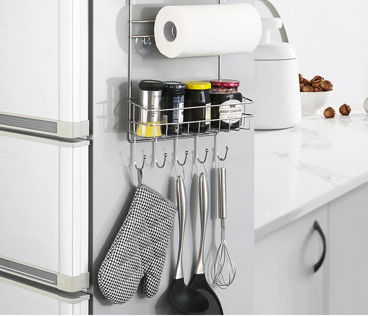 ORZ Fridge Organizer Stainless Steel Kitchen Storage Rack Fridge Side Shelf Storage Hooks Kitchen Accessories Organizer Holder