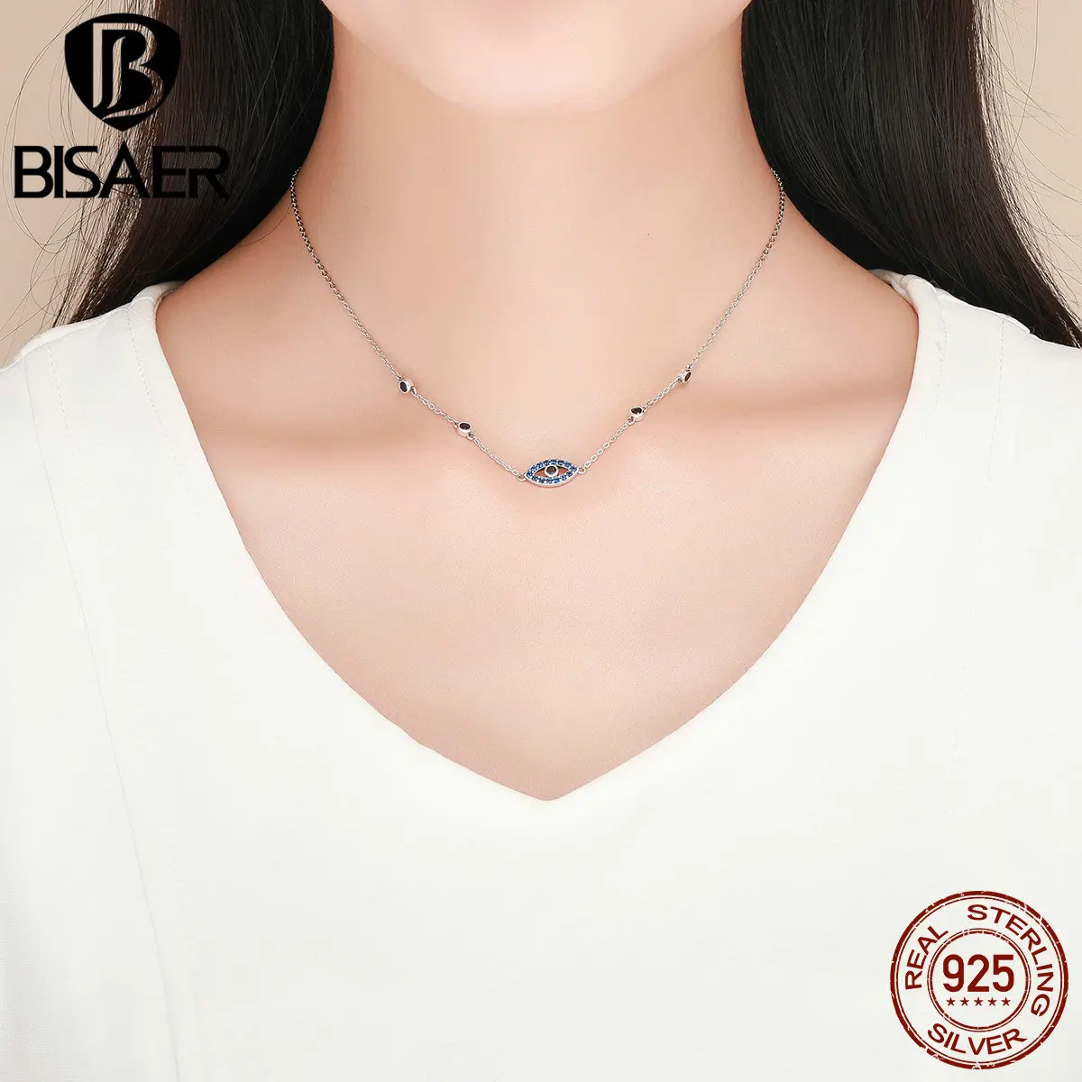 

BISAER Choker Necklace Authentic 925 Sterling Silver Guardian Blue Eye Chain Necklace for Women Fashion Jewelry Gift GXN300