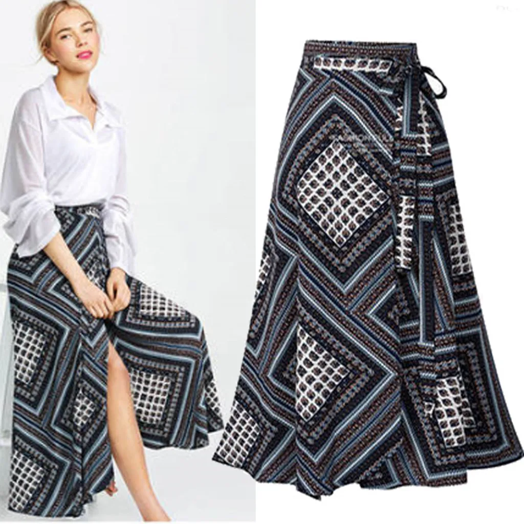 

Women long skirt Summer vintage Skirt casual print jupe femme High waist Split plus size d90719
