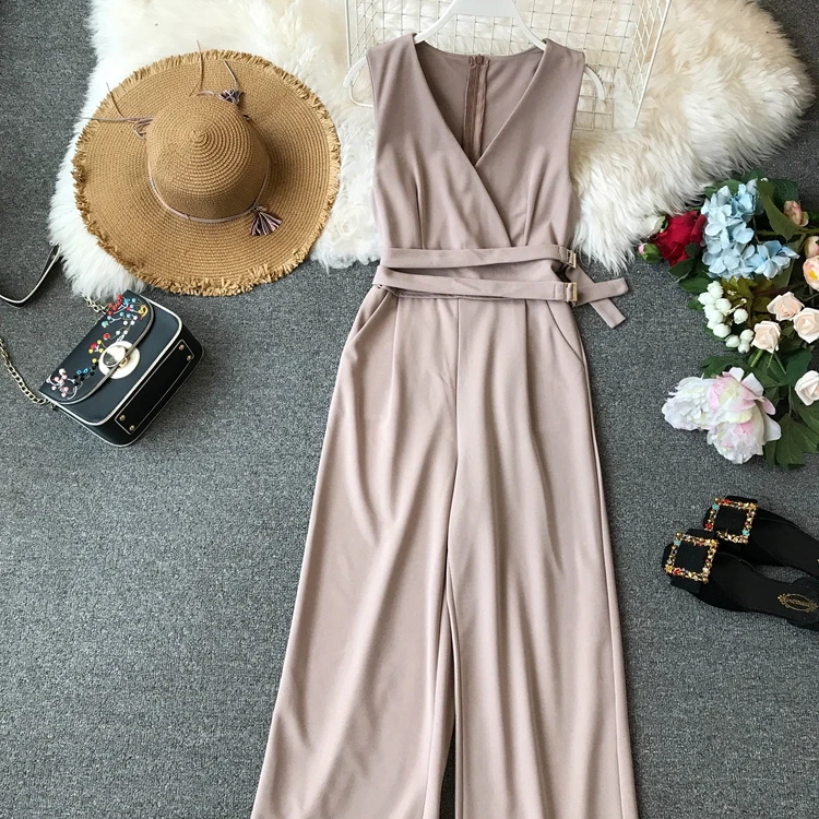 Sleeveless V-neck High Waist Sashes Wide Leg Jumpsuit