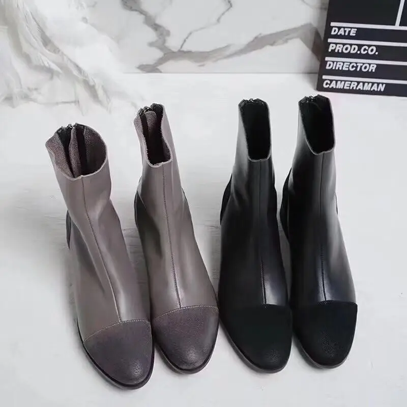 

2018 Hot genuine leather pointed toe thick heel women boots fashion brand flat winter boots ankle boots woman