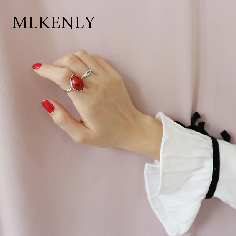 

MLKENLY S925 sterling silver Open Ring Marble Pattern Irregular Red Gem Stone Oval Finger Ring for Women Charm Ring Jewelry