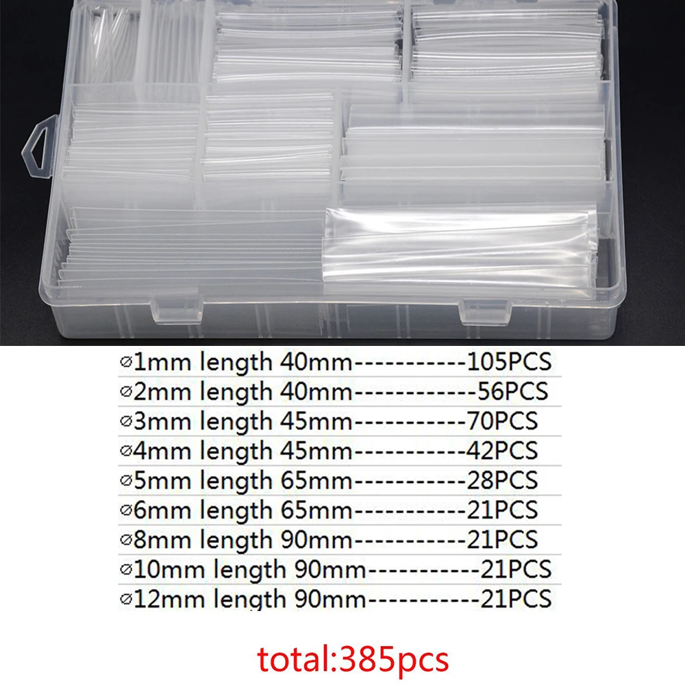 385 шт./лот, прозрачный цвет, 9 размеров, разные 2:1, огнестойкий термоусадочный комплект
