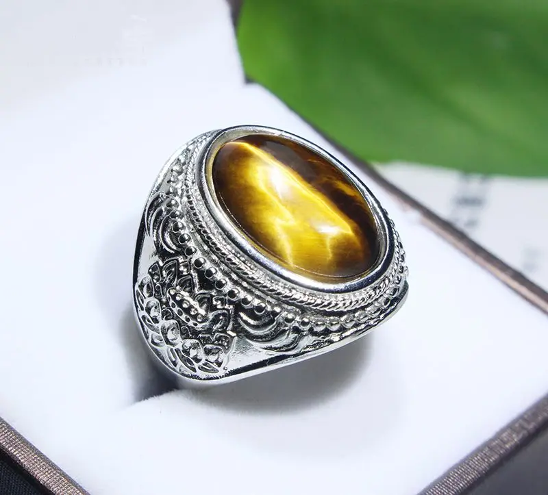 Tibetan Silver Hand-Inlay Natural Tiger's-Eye Stone Crystal Ring Man/Lady Good Quality Finger Ornaments/Free Gift Box | Дом и сад