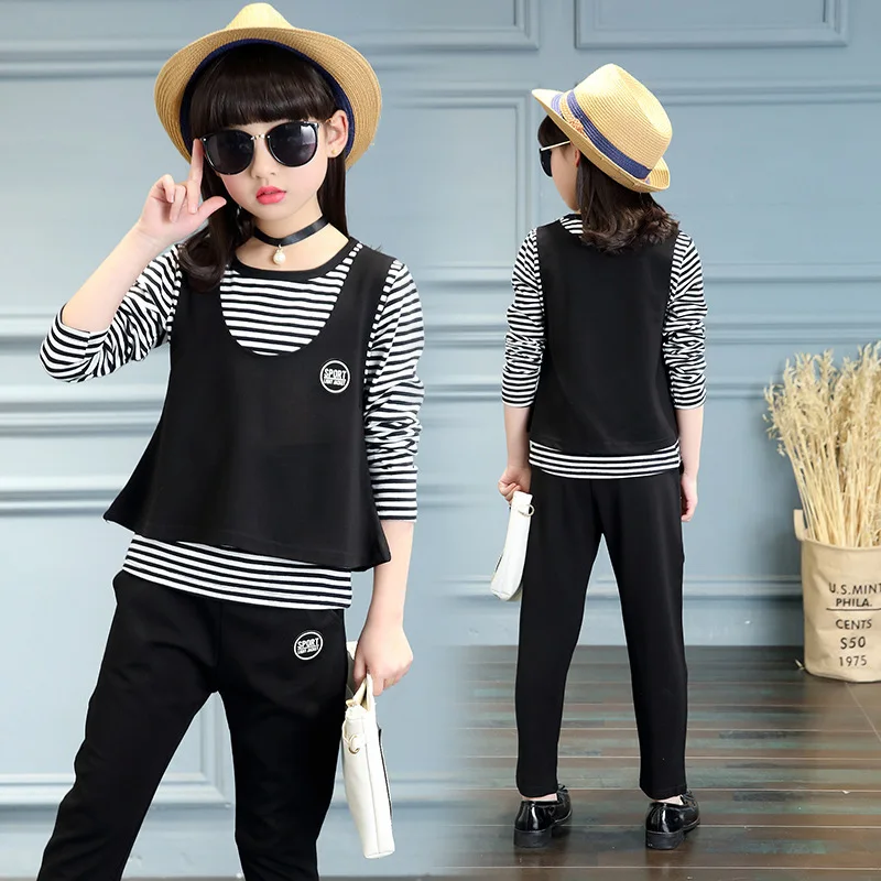 

3PCS Sets 2017 Spring and Autumn Girl Vest + Striped Shirt + Pants Suit