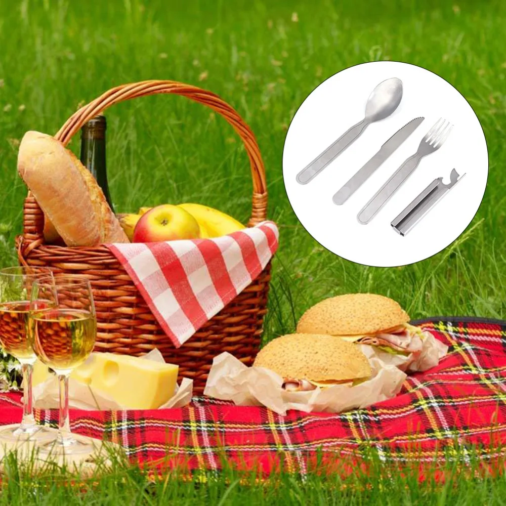 Juego de 4 unids piezas de vajilla para exteriores, juego de cubiertos de senderismo, Camping, de Picnic, para acampar, juego de vajilla portátil para exteriores, tenedor y cuchara