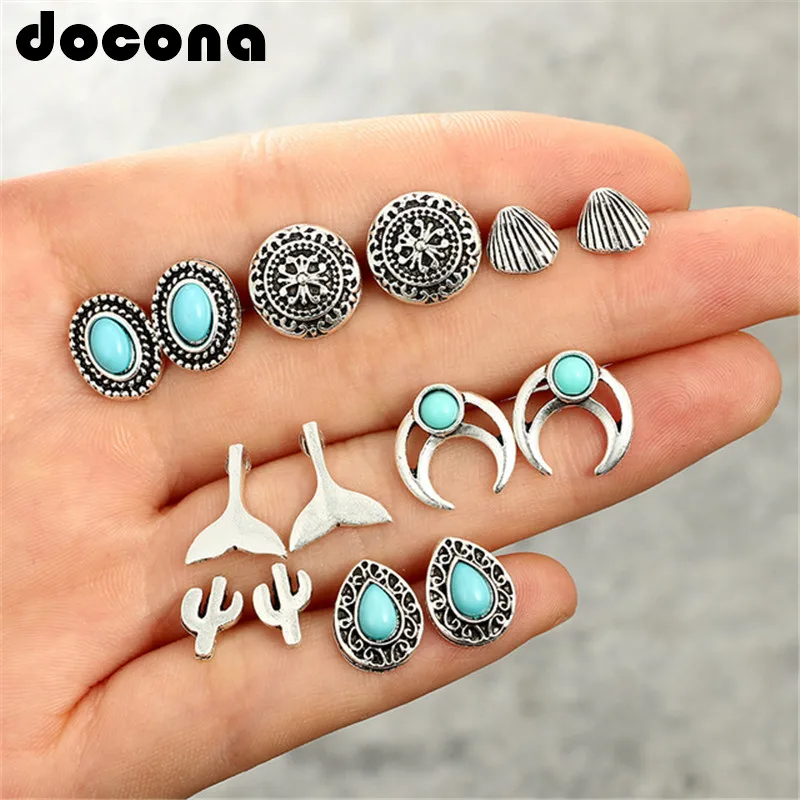 

docona Vintage Cactus Tails Shell Stud Earrings Set for Women Carving Flower Geometric Studs Earring Jewelry 7pair/1set 4629