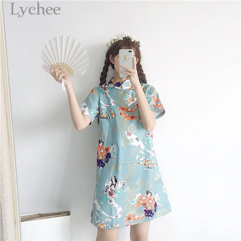 Личи Харадзюку характер cheongsam платье с коротким рукавом платья свободные сладкое