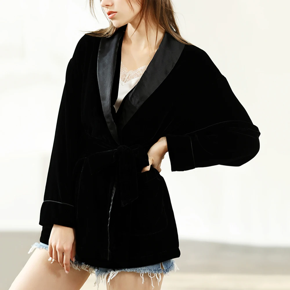 

women patchwork silk blazer suit with belts 2019 casual ladies notched collar kimono blazers European girls chic velvet suit