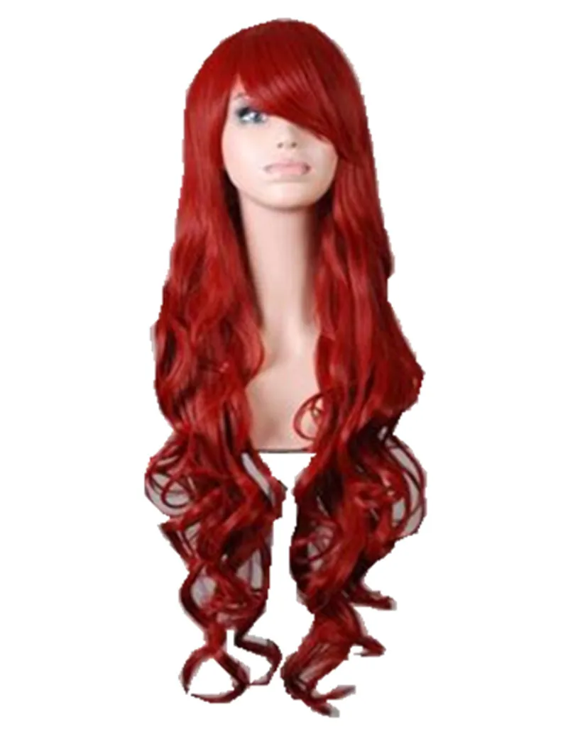 Косплей красный парик Fei-Show синтетический длинный кудрявый Хэллоуин для женщин синие волосы карнавальный костюм косплей наклонная челка черный парик