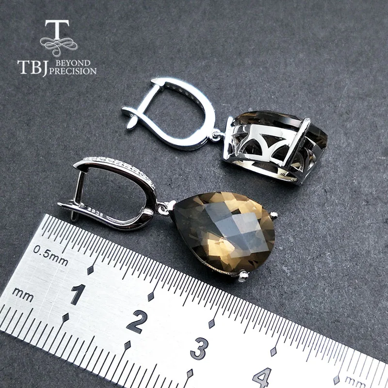 TBJ, натуральный дымчатый кварц, шахматная огранка, 15.5ct, настоящий драгоценный камень, висячие серьги с застежкой, серебро 925 пробы, хорошее ювелирное изделие для женщин