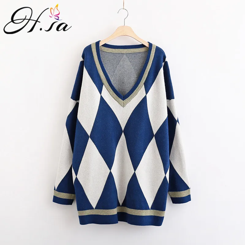 

H.SA Women Long Sweater and Pullovers 2019 Loose Argyle Jumpers Oversized Knit Pull Femme Vintage Winter Warm Pullover sweaters