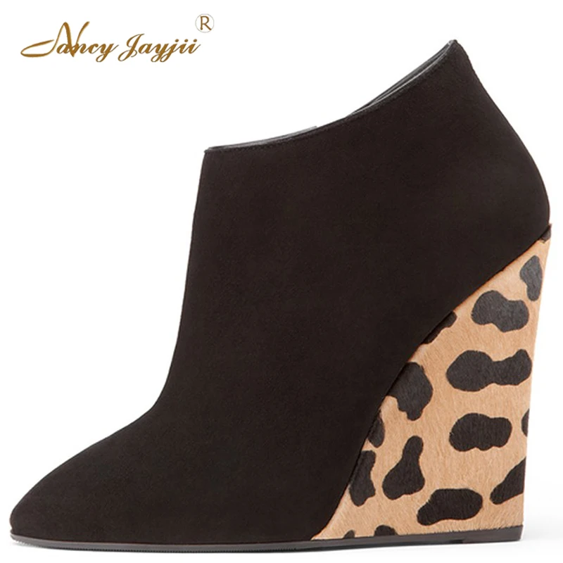 

Nancyjayjii Women Leopard Boots Spring Pop Flock&Black Zipper High Heels Wedges Ankle Boots Large Size 13 Party&Wedding Shoes