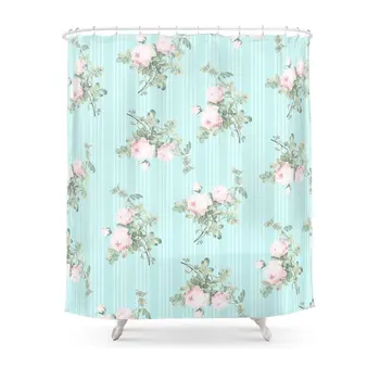 

Shabby Chic Roses Pink And Mint Shower Curtain Set Waterproof Bath Curtain For Bathroom With Non-slip Floor Mat