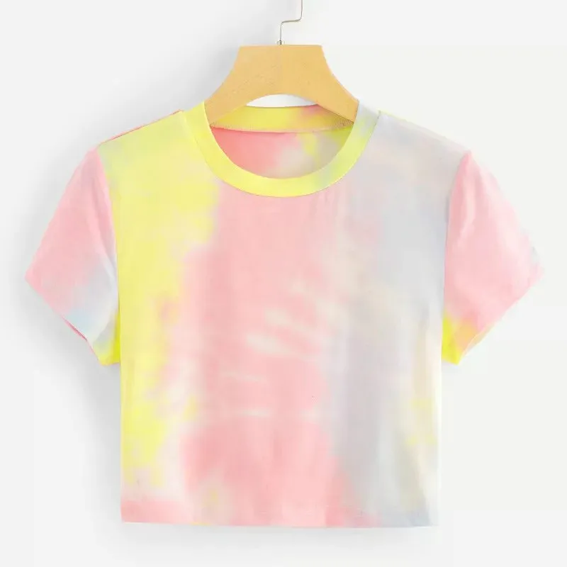

Women 2019 New Summer Tie Dyed Gradient Unicorn Color Crop Top T-shirt Female Korean Clothes Rainbow Ins Shirt Harajuku 80s 90s