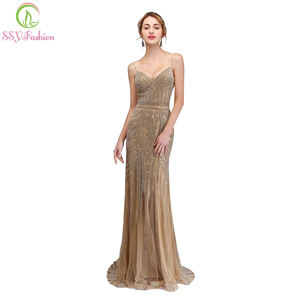 

SSYFashion New Luxury Gold Mermaid Evening Dress High-end V-neck Strap Sequins Fishtail Sexy Formal Dresses Custom Party Gown