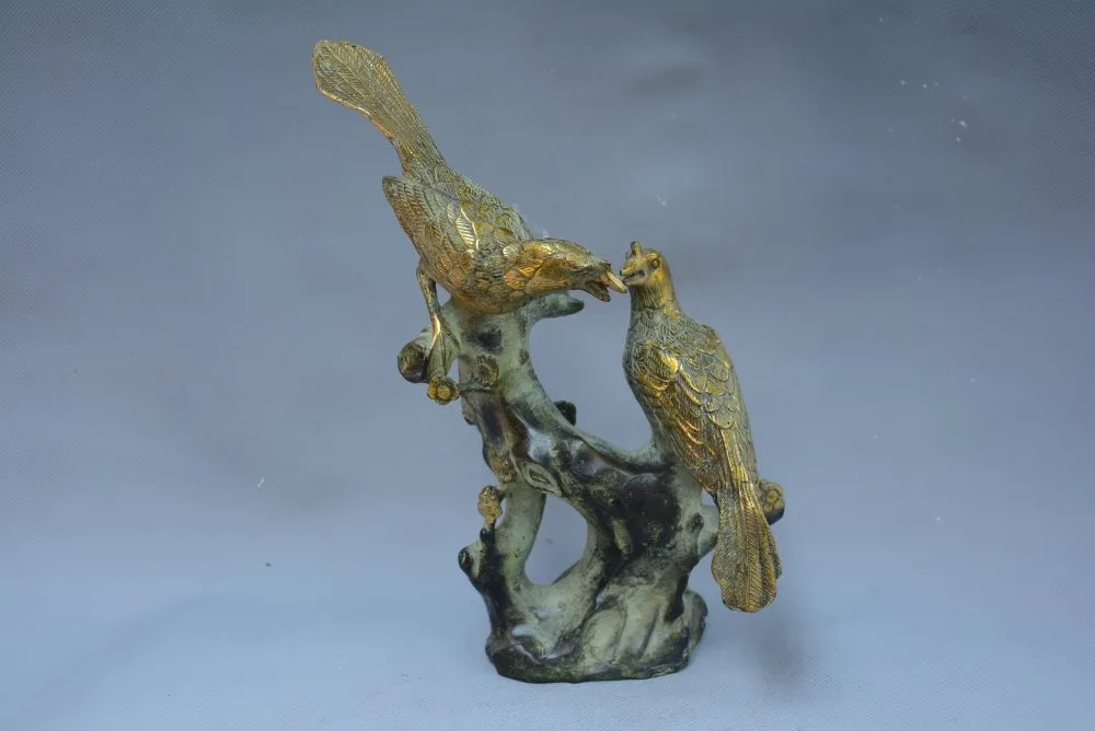 Редкий Старый династии Цин свинка Бронзовая статуя, птица на вершине макушки деревьев, лучшая коллекция и украшения