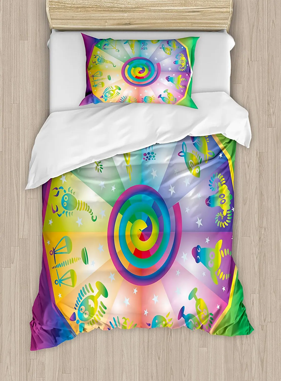 Astrology Duvet Cover Set Ethnic Hippie Style Rainbow Colored Stars