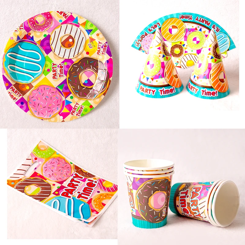 Пончики тема одноразовые тарелки чашки пончики украшения для тематических вечеринок коробки конфет выбросы баннеры пончики одноразовые тарелки