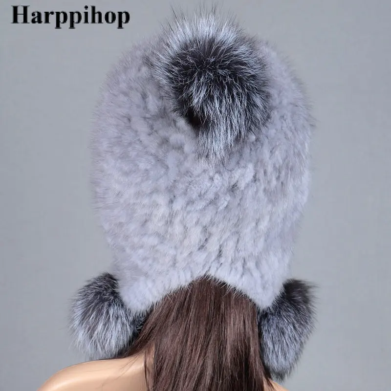 Harppihop Новое поступление, шапки из настоящей норки, женские вязаные шапки ручной работы из меха норки, меховые шапки с помпонами