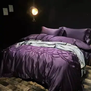 

Luxury purple100S Egyptian Cotton Solid Embroidery Royal Bedding Set King Queen Wedding Bed Sheet Cover set Duvet Cover 4pcs