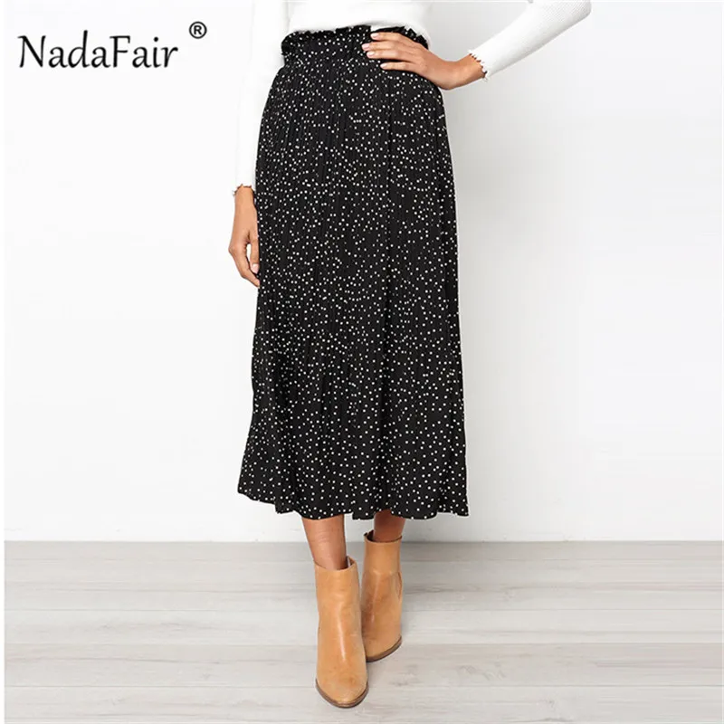 Nadafair, плиссированные юбки в горошек, женские летние эластичные юбки средней длины с высокой талией, женские повседневные шифоновые юбки в горошек в стиле бохо
