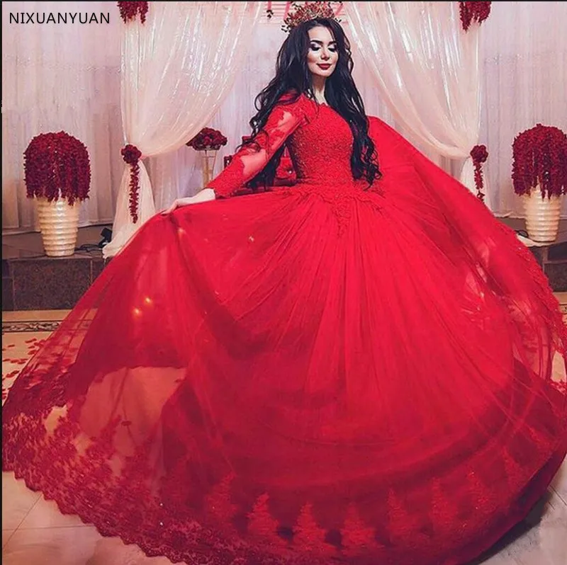Vestido De Novia 2021 бальное платье красного цвета с длинными рукавами и кружевом
