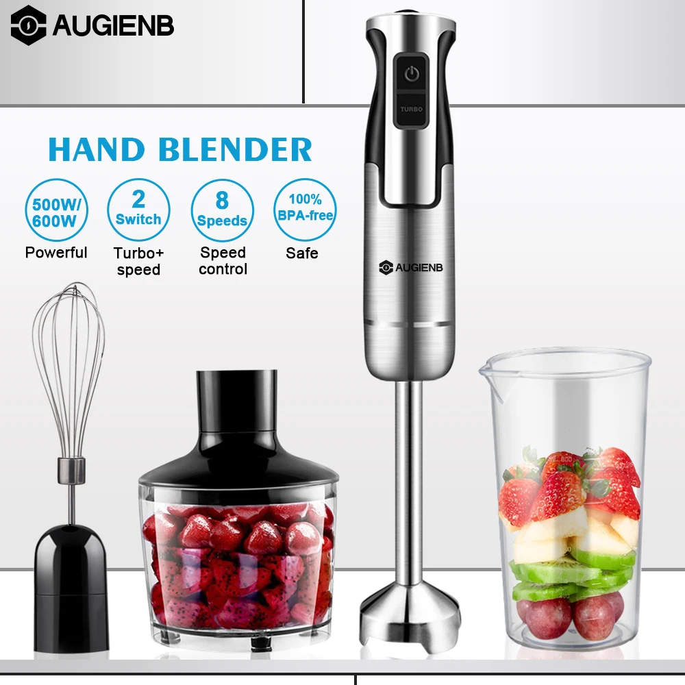 Augienb 600W 8 speed Immersion Hand Blender Portable Juicer Mixer for Kitchen Food Meat Fruit