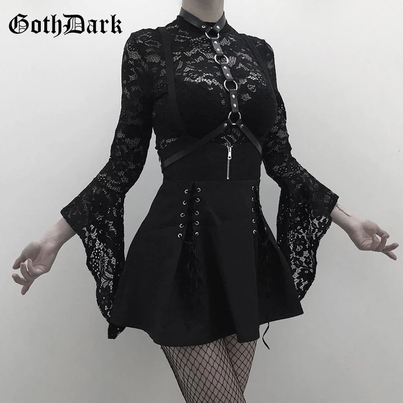 Goth Dark lace flare long sleeve bodysuit women hollow out overalls and skirt lace up zipper black harajuku 2 pcs set streetwear Goth Dark lace flare long sleeve bodysuit women hollow out overalls and skirt lace up zipper black harajuku 2 pcs set streetwear