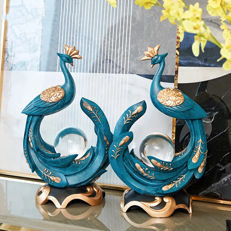 

Creative Blue Animal Peacock Statue Home Decor Crafts Room Decoration Objects Office With Crystal Ball Figurines