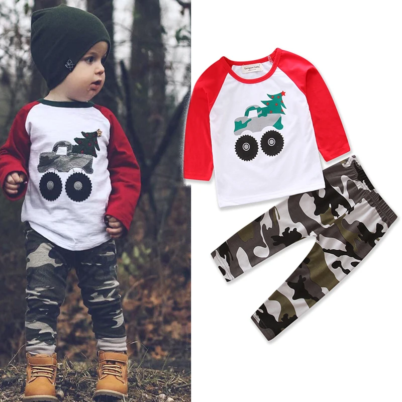 2 предмета, одежда для малышей Камуфляж для маленьких мальчиков, одежда, футболка Топы и штаны, наряды Рождественская одежда для маленьких мальчиков
